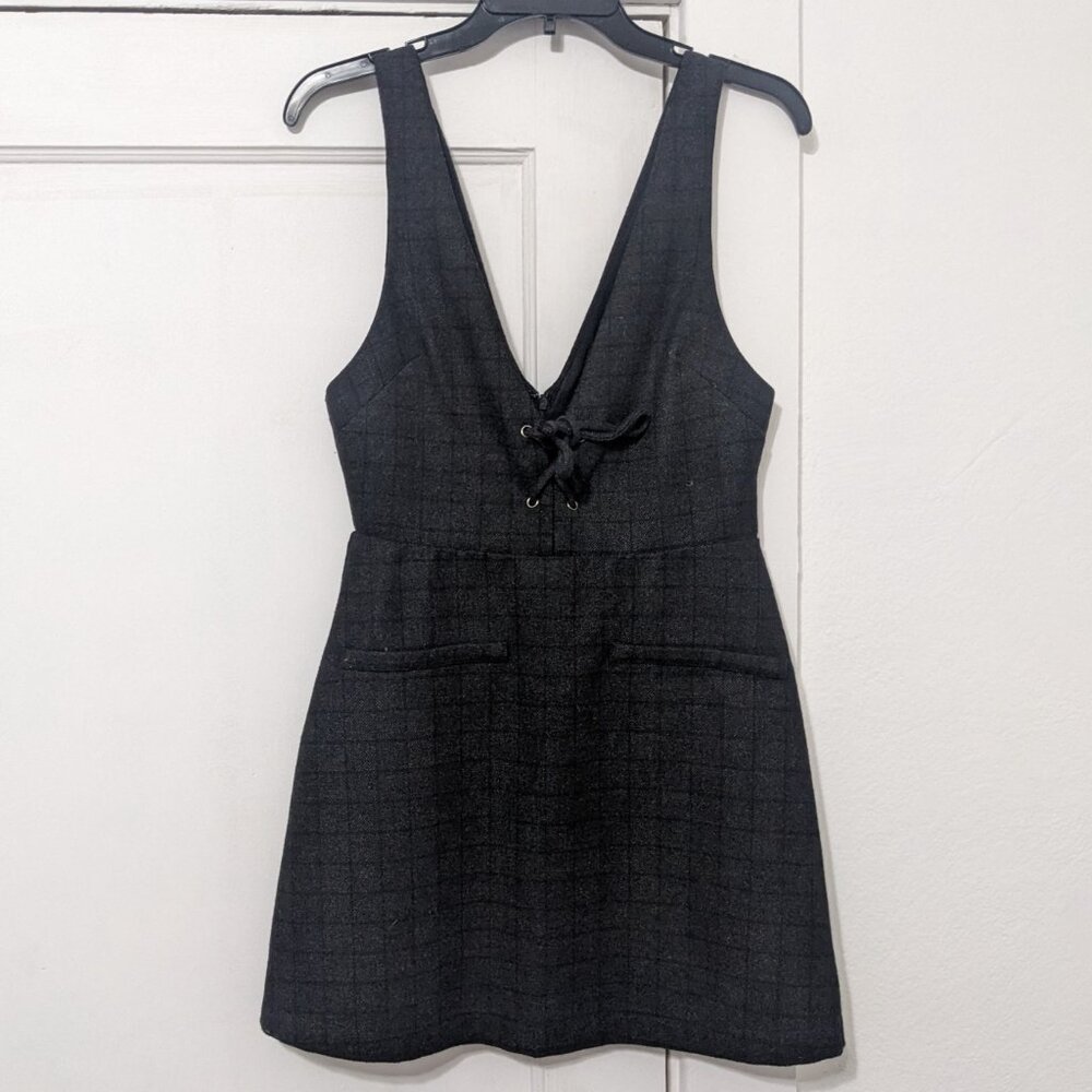 reformation rigley plaid mini dress v neck tie zipup charcoal size 4 - Picture 3 of 8